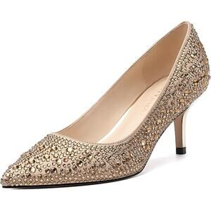 Justvindo Womens Size 8.5 Gold Satin Rhinestone 2.5" Heel Closed Point Toe Shoes